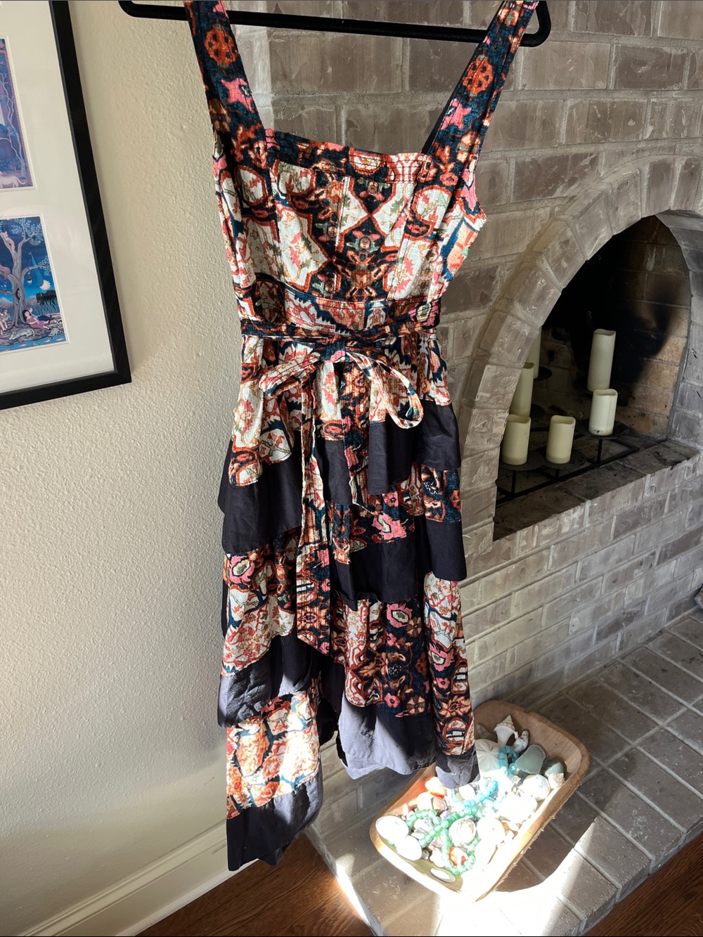 Floral Tiered Sundress with Tie Waist - Black & Multi